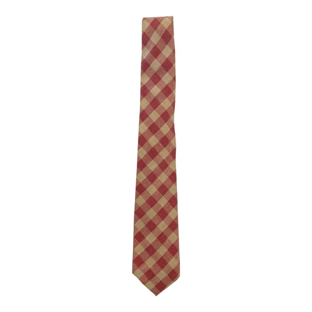 Vintage Vicky Davis Men's Classic Neck Tie Red Beige Check Pattern Silk Blend